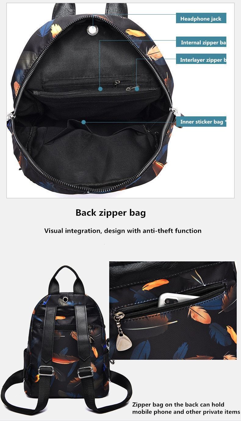 Feather Print Backpack Oxford Cloth Waterproof Travel Casual Schoolbag Large 1PC