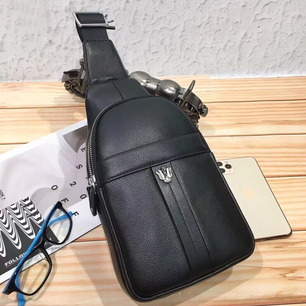 Top Soft Cow Leather Black Sling Backpack, Men's Crossbody Chest Bags for Hiking