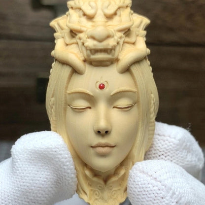 Boxwood Carved Chinese Dragon Girl Bead Chain Pendant Decor