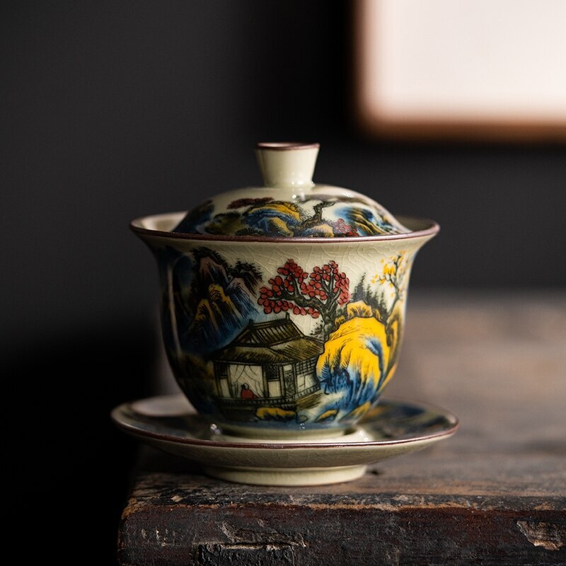 Colorful Ceramic Opening Gaiwan For Tea Landscape Tureen Teaware Set Chinese
