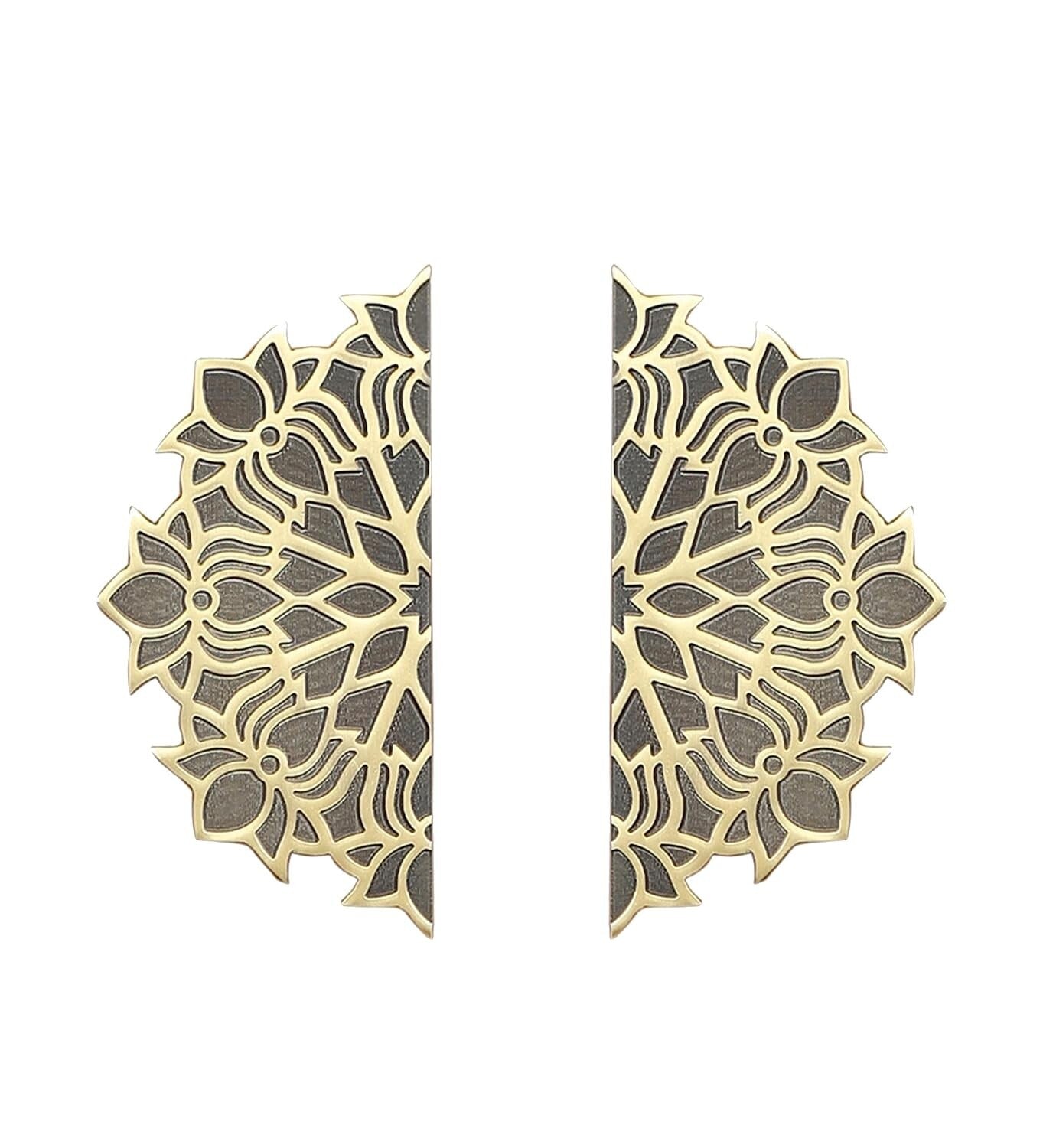 Set of 2 Antique Look Lotus Flower On Corners Brass Door Handle Pair