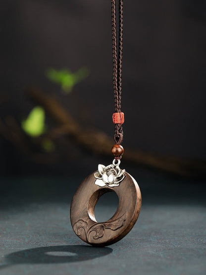 Vintage Sandalwood Lotus Safety Buckle Pendant Ethnic Sweater Chain
