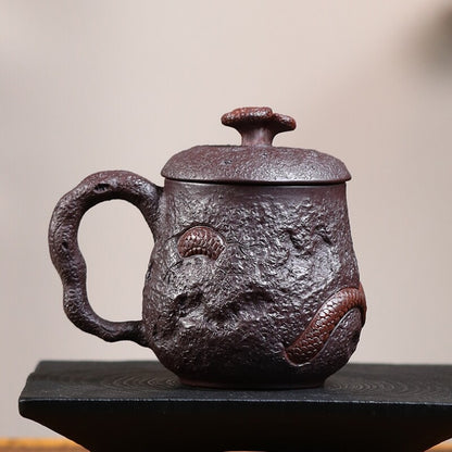 Full Handmade Tea Cup With Handle Lid Dragon Carved Office Cup True Yixing Zisha