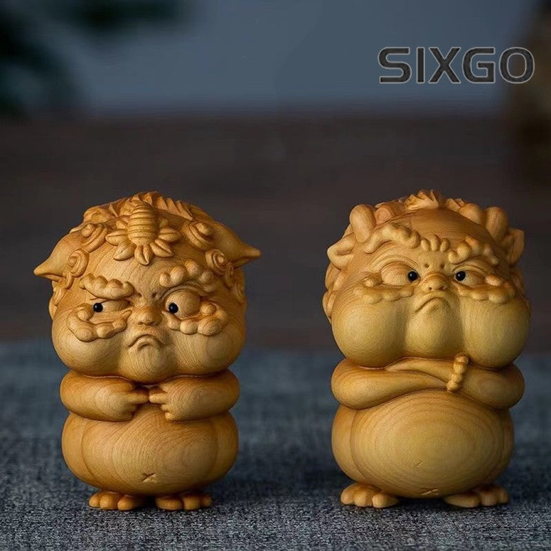 6.5cm Cliff Cypress Wood Hand Carved PI Xiu Mascot Small Statue Tea Pet Ornament