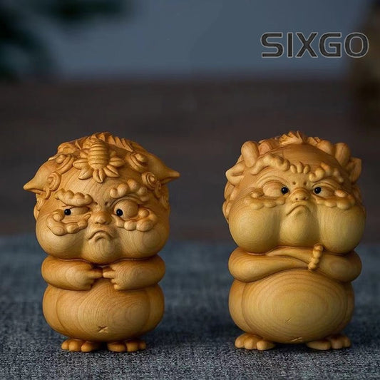6.5cm Cliff Cypress Wood Hand Carved PI Xiu Mascot Small Statue Tea Pet Ornament