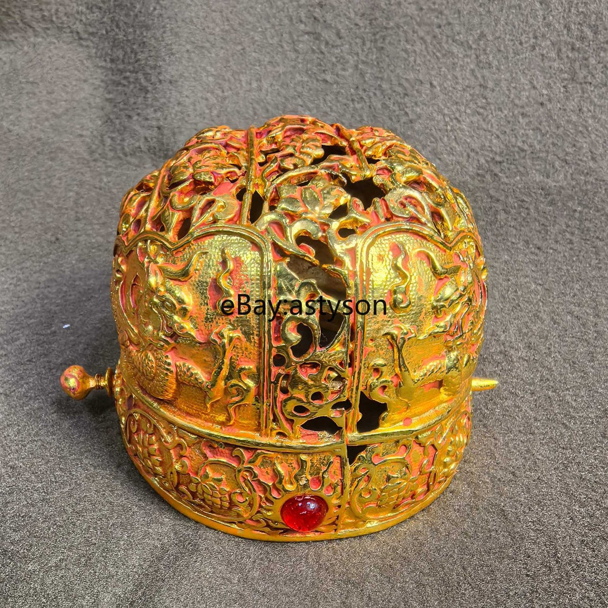 4"Chinese Ancient Dynasty Bronze Gilt Fengshui Wealth Cap Crown Statue