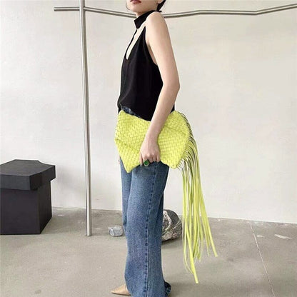 Tassel Clucth Bags Women Leather Woven Lady Handbags Bag Large Party Female