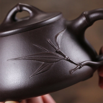 Full Handmade Tea Pot Bamboo Carved Marked Real Yixing Zisha Old Purple Clay Pot