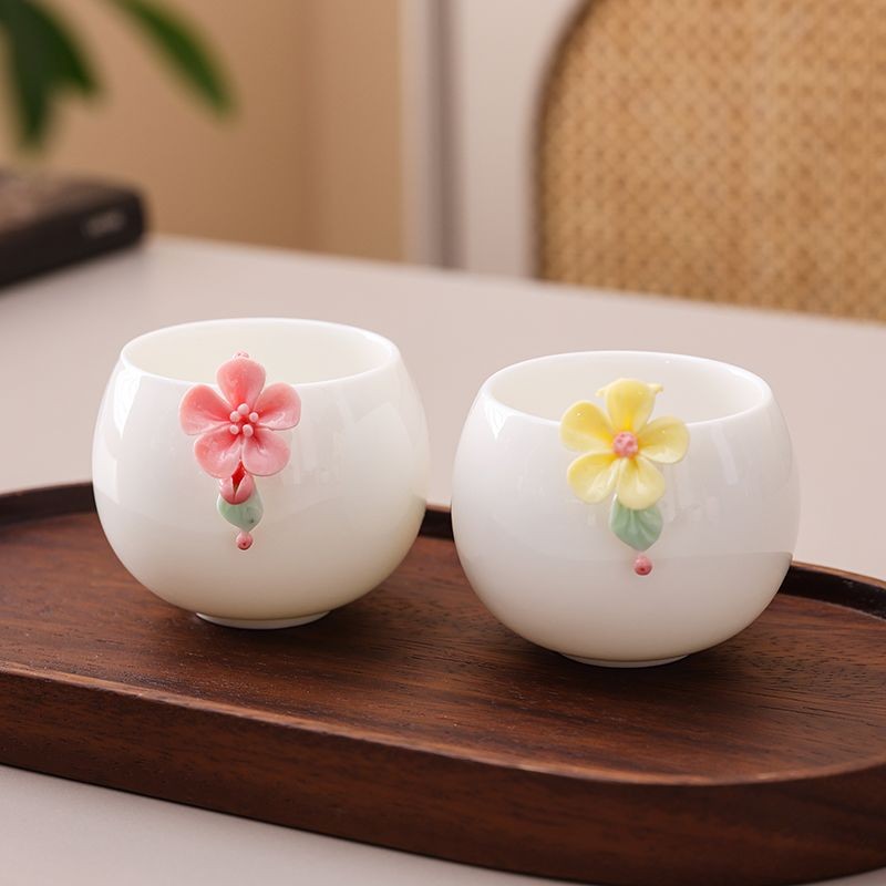 Handmade Flower White Porcelain Tea Cups Set of 2 120ml for Women Gift