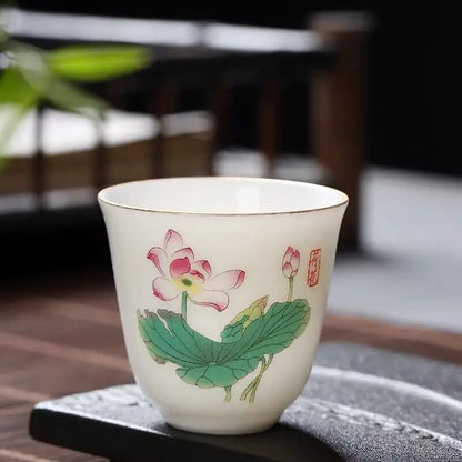 2.08" Chinese Ceramic Teacup Travel Meditation Hand Painted Lotus Leaf Tea Bowl