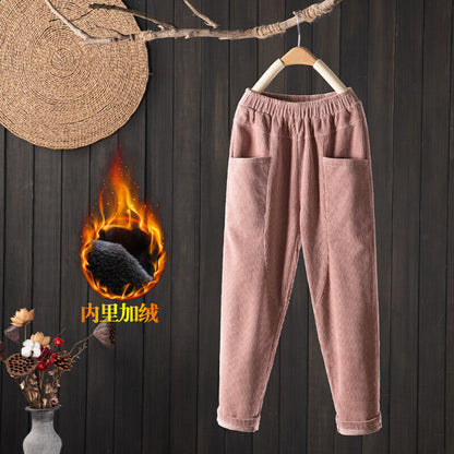 Women Elastic Waist Corduroy Pants Winter Warm Fleece Loose Cargo Baggy Trousers