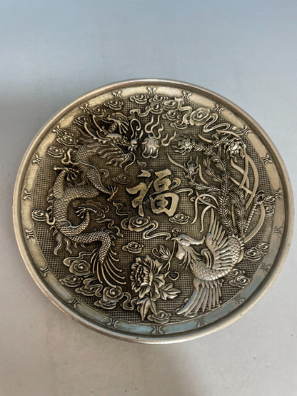 Rare Old Collection Chinese Tibet Silver Handcarved Dragon Phoenix Plate Gift