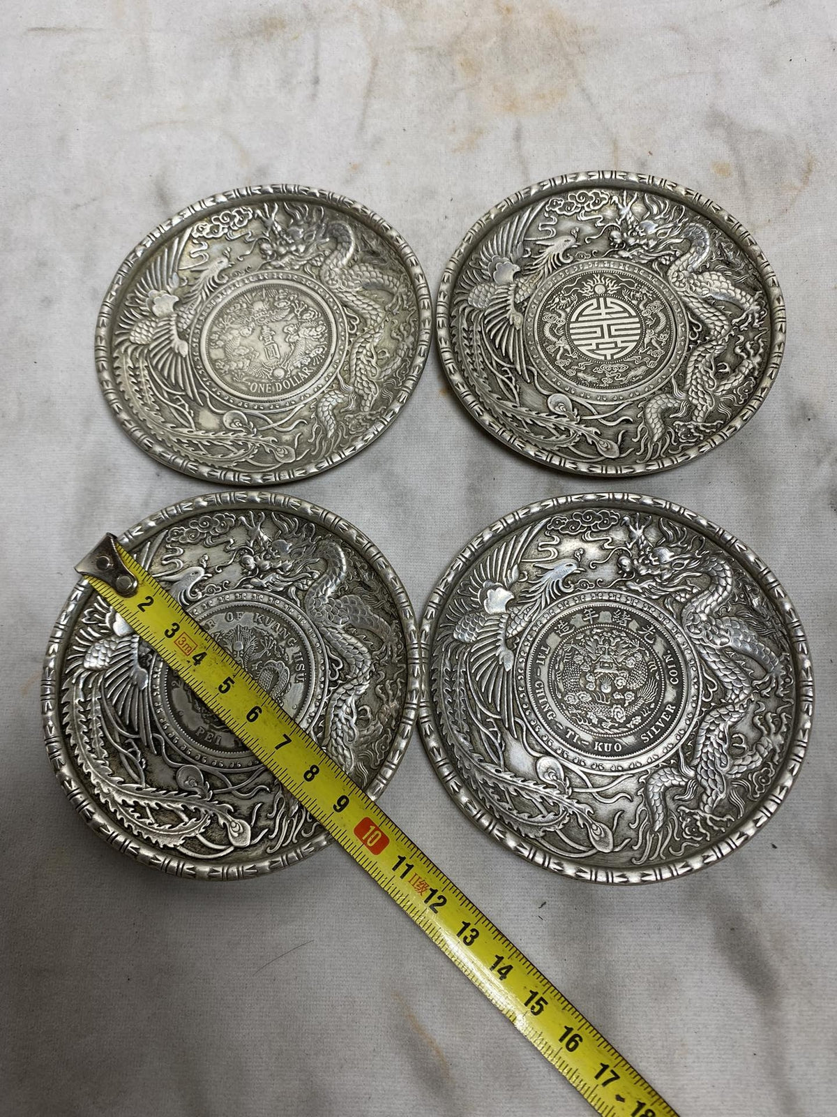 Rare one piece collect tibet silver copper handcarved dragon Phoenix plate