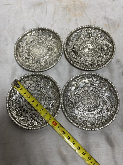 Rare one piece collect tibet silver copper handcarved dragon Phoenix plate
