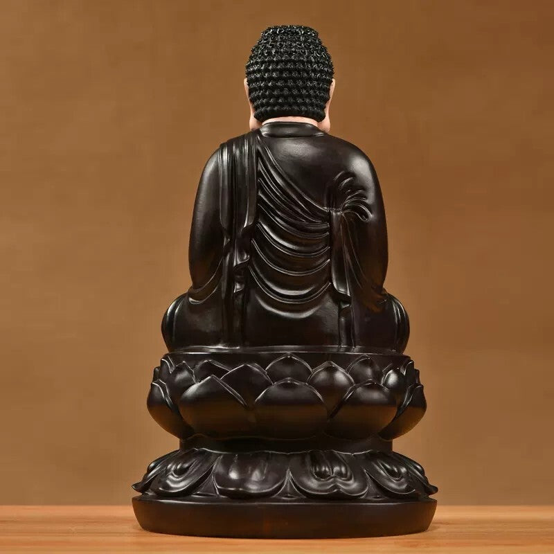 8" Natural Ebony Wood Carved Sakyamuni Buddha Statue Color Painting Shrine Home