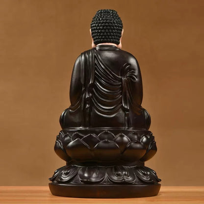 8" Natural Ebony Wood Carved Sakyamuni Buddha Statue Color Painting Shrine Home