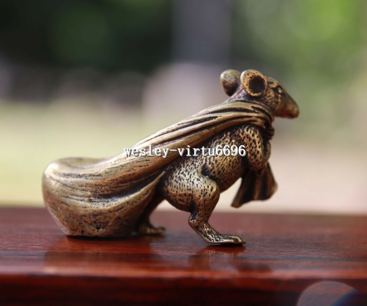 6 cm Pure Bronze Copper Zodiac Animal Rat Mouse Bring Wealth Sack Statue