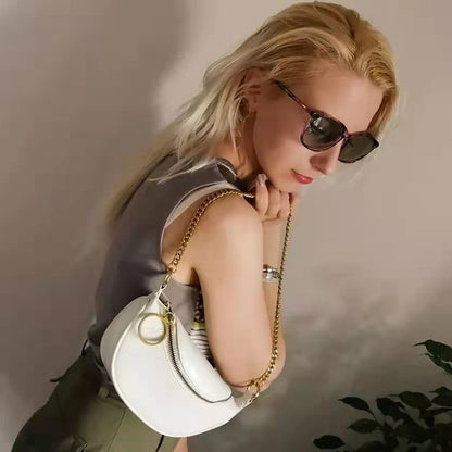 Genuine Leather Waist Bag Shoulder Messenger Bag Crossbody Chains Handbags Black