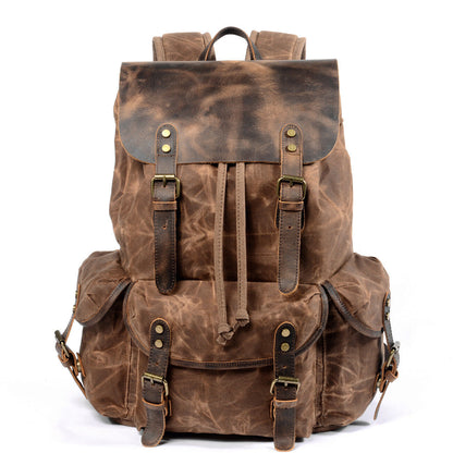 Water Resistant Wax Canvas Real Leather Flap Drawstring Backpack Day bag Travel