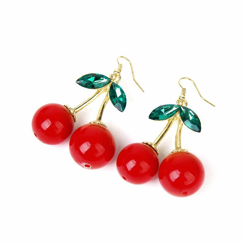 1 Pair Women Cherry Earrings Drop and Dangle with Sparkling Green Rhinestones