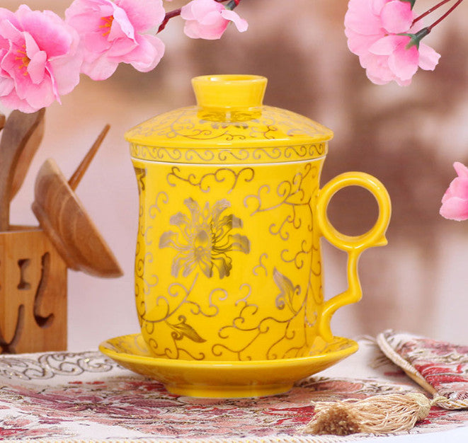 New Chinese Flower Ceramic Porcelain Tea Cup with Infuser Lid&saucer Coffee Mug
