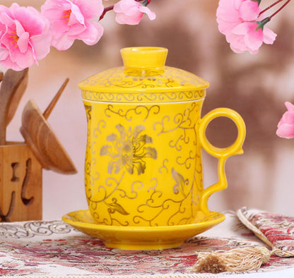 New Chinese Flower Ceramic Porcelain Tea Cup with Infuser Lid&saucer Coffee Mug