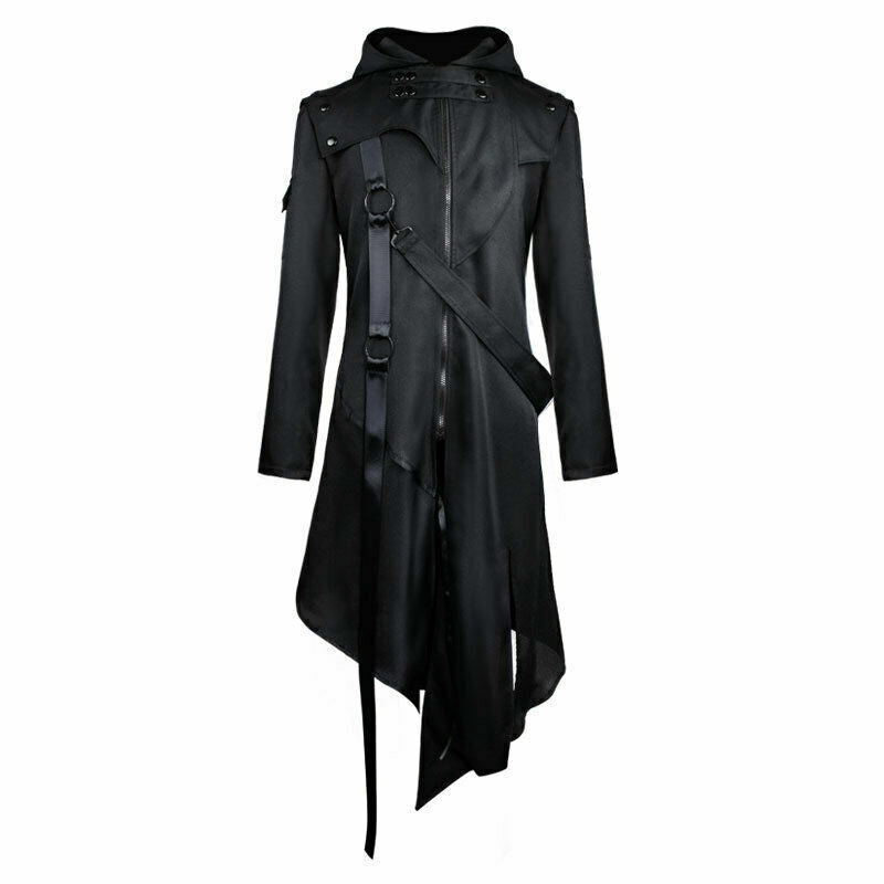 Gothic Men's Steampunk Trench Coat Punk Long Cosplay Black Jacket Outwear Hoodie