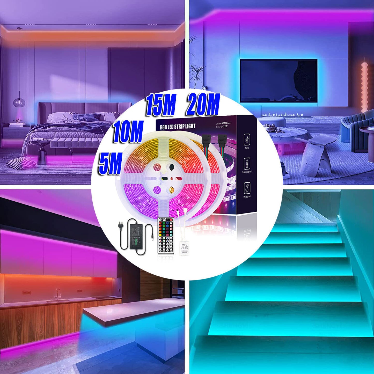 5M 10M 15M 20M RGB 5050 LED Strip light SMD 44 Key Remote 12V US Power Full Kit