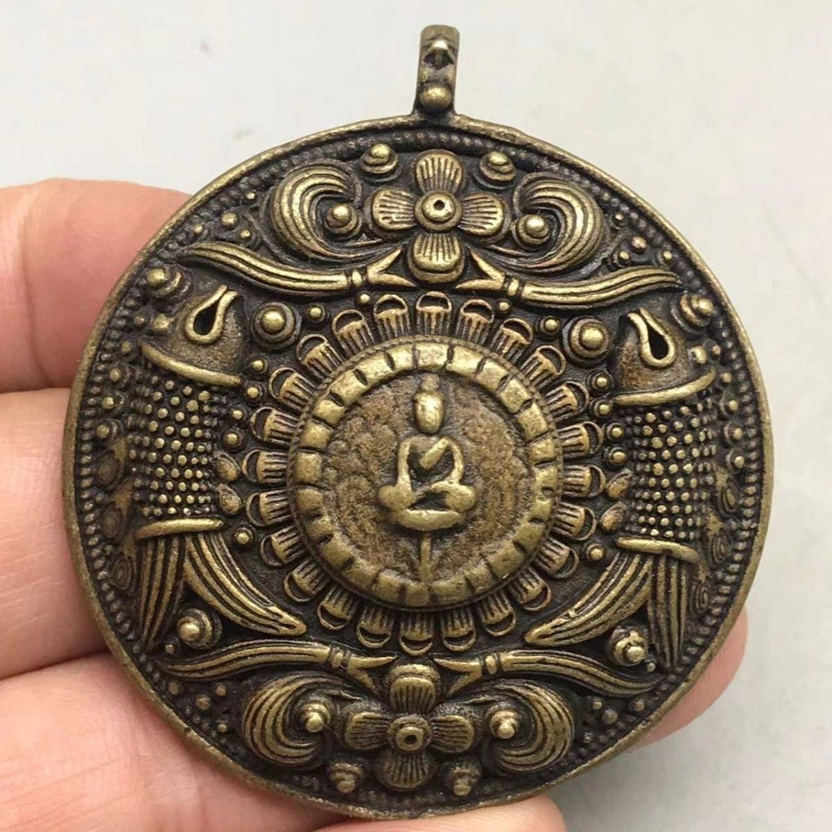 Vintage Tibetan Brass Pendant, Hand-Carved Buddha & Fish, Nepal Style