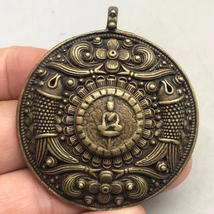 Vintage Tibetan Brass Pendant, Hand-Carved Buddha & Fish, Nepal Style