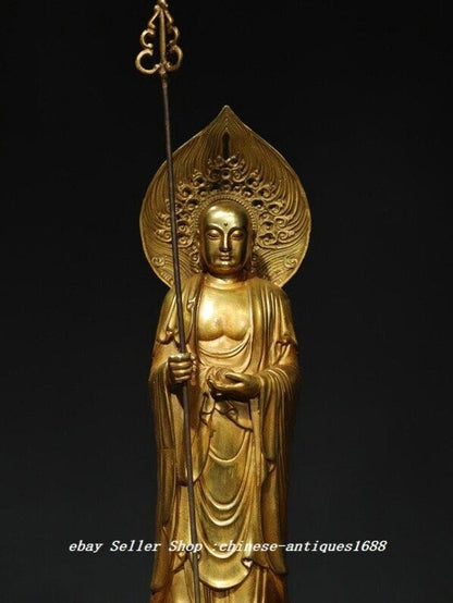 14" Old Tibet Buddhism Copper Gilt Stand Ksitigarbha Boddhisattva Buddha Statue