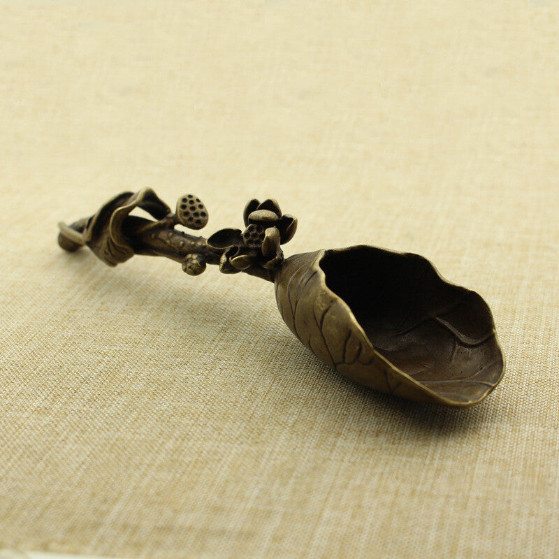 Old Asian Hand-carved Bronze Lotus Tea Shovel Statue