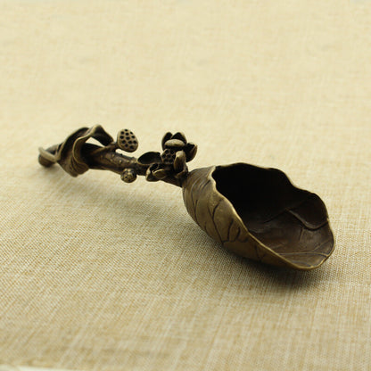 Old Asian Hand-carved Bronze Lotus Tea Shovel Statue