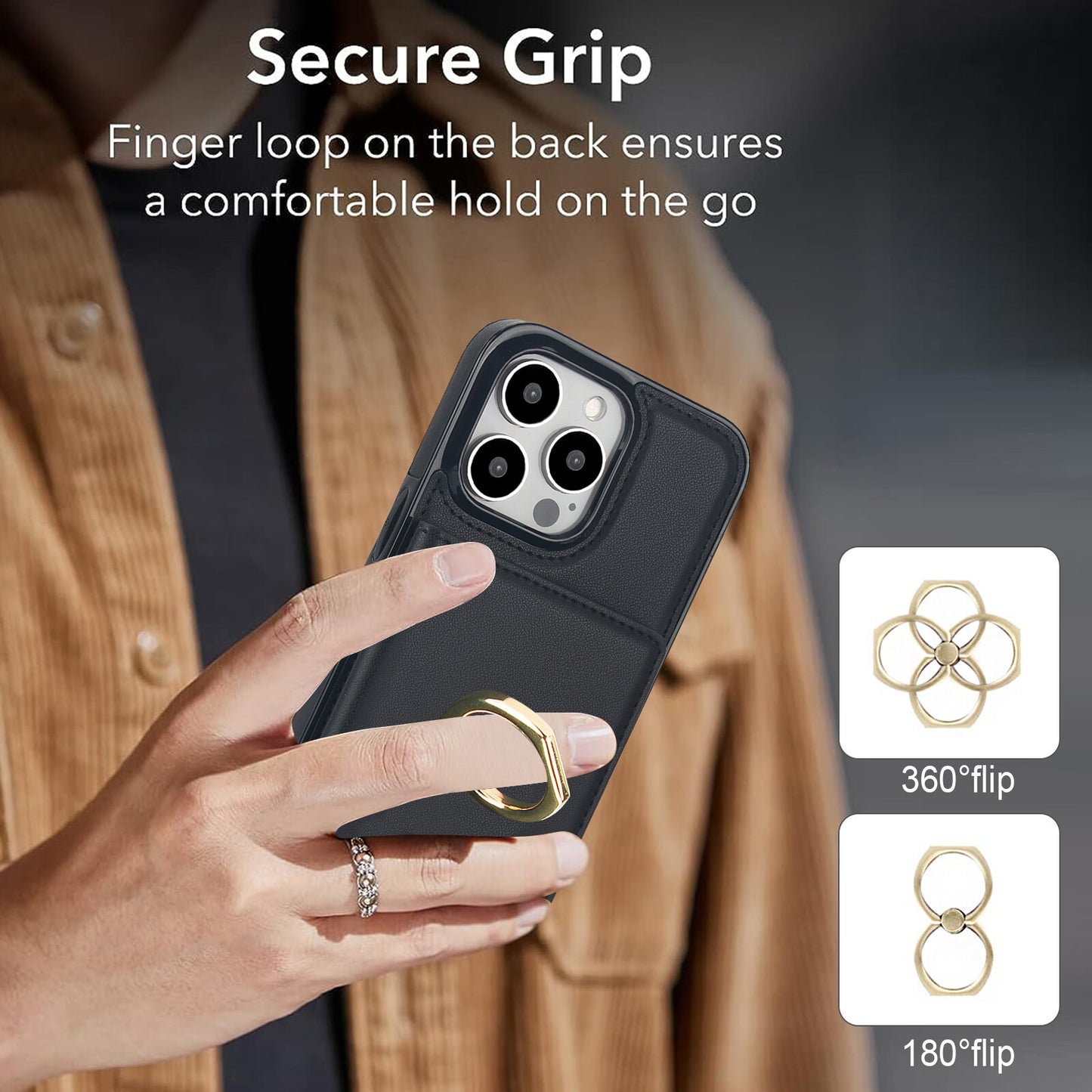 Wallet Case for iPhone 16e 15 14 13 12 11 Pro Max SE 2022 XR with Rotation Ring