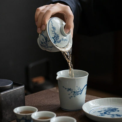 160ml Hand Painted Tureen Blue White Porcelain Gaiwan Cup Bowl Kung Fu Tea Set