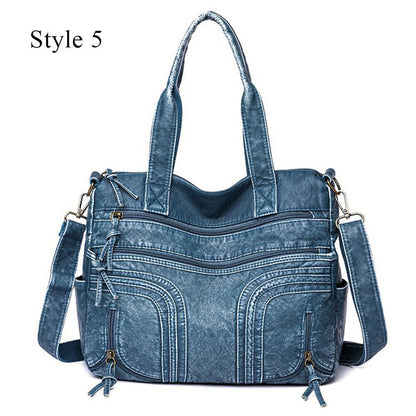 Soft PU Leather Handbags Many Pockets Messenger Bag Washed Leather Shoulder Bag