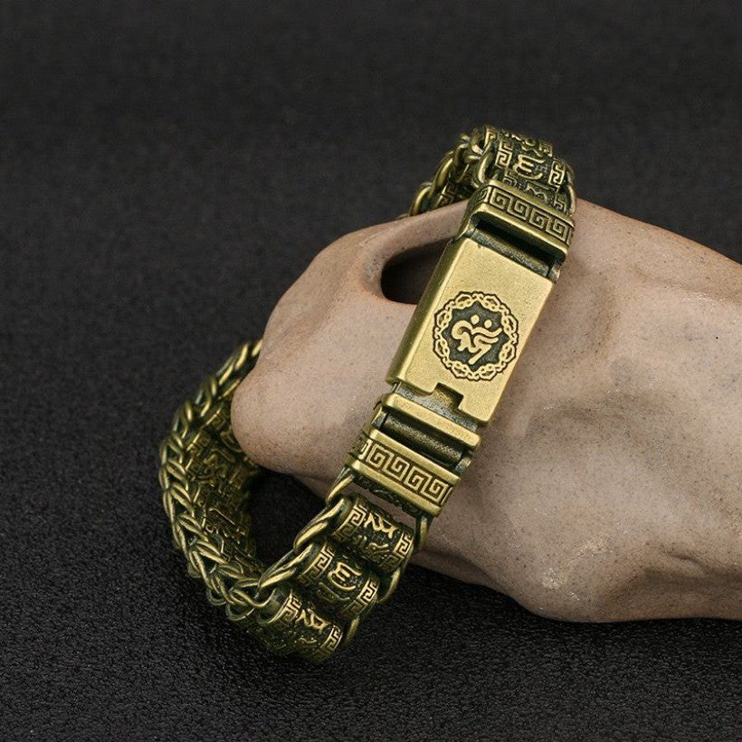 Vintage Copper Tibetan Script Bracelet Brass Watch Chain Men's Accessory 66g