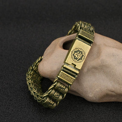 Vintage Copper Tibetan Script Bracelet Brass Watch Chain Men's Accessory 66g