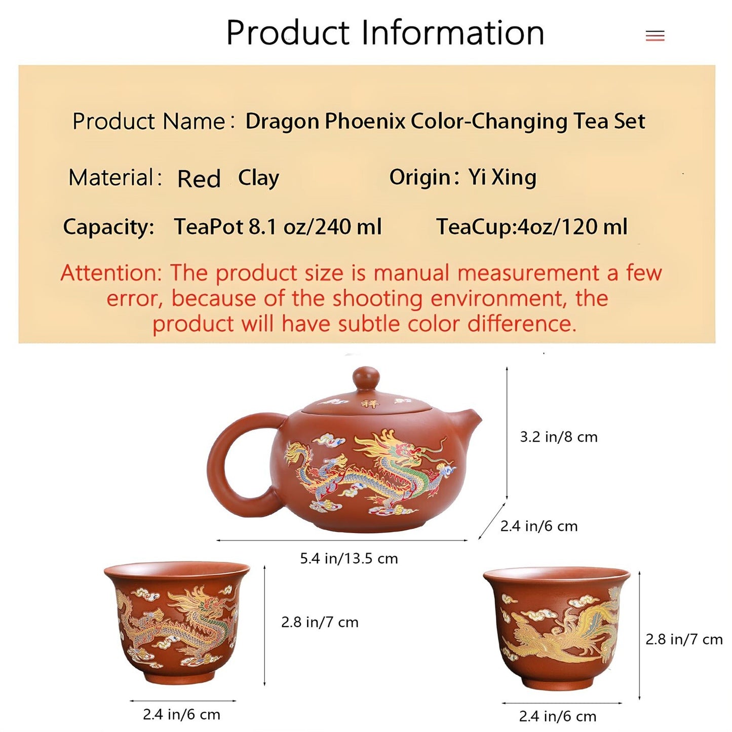 Hand Made Dragon And Phoenix Color Changing Purple Clay Teapot Cup Zisha Tea Set