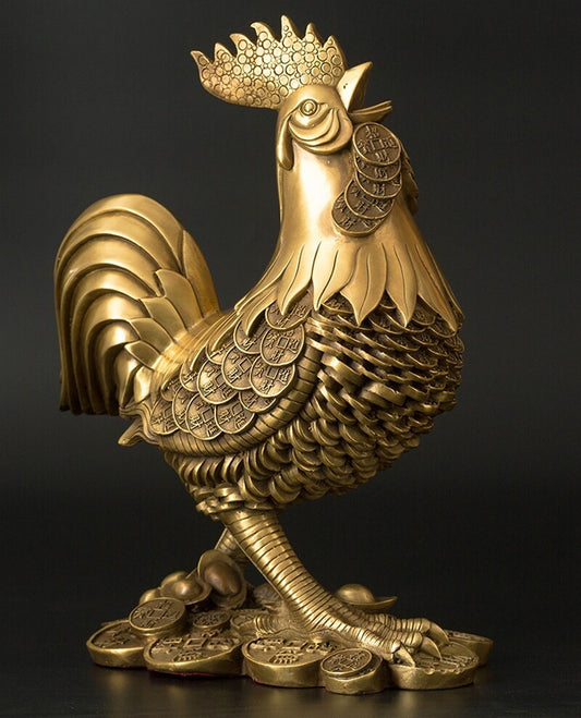 7.1" Brass Rooster Statue Money Coin Cock Feng Shui Sculpture Home Office Amulet