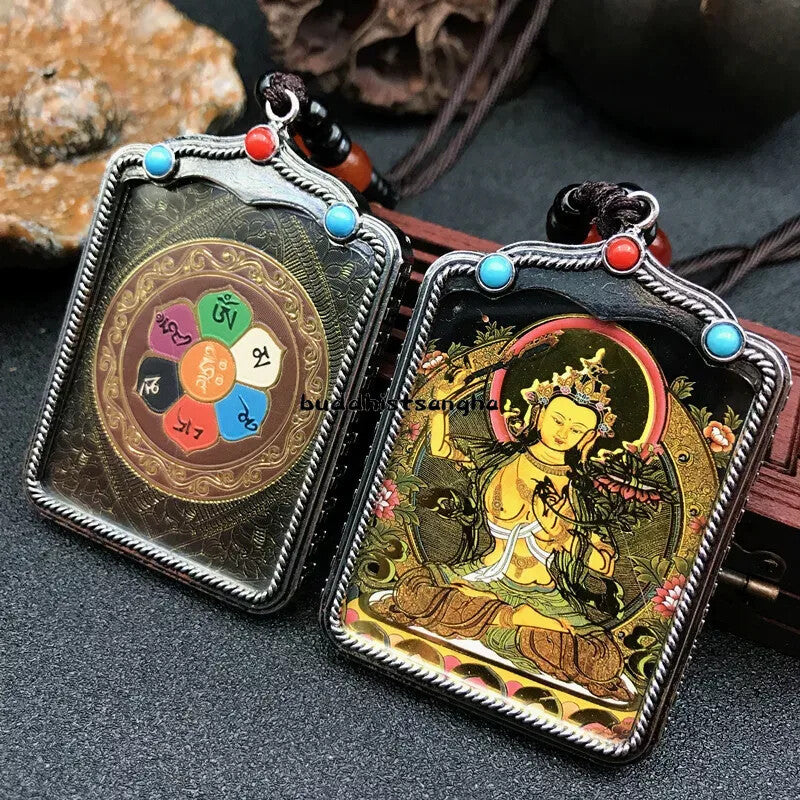 Hand-painted Thangka Nepal Buddhism Pendant Necklaces Tibetan Silver Amulet