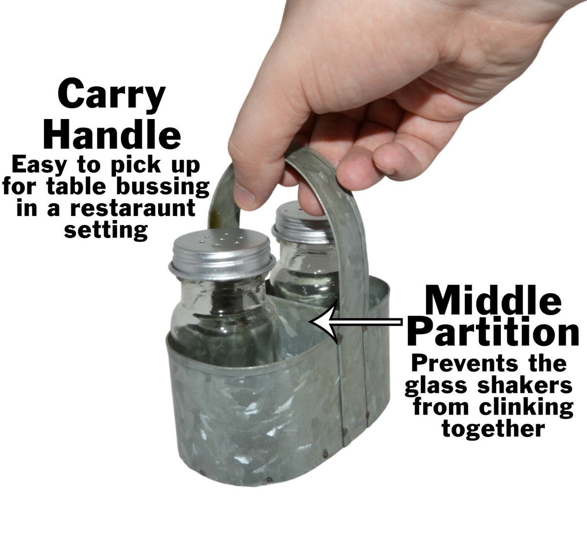 Farmhouse Salt & Pepper Shakers with Caddy Set, Galvanized Rustic Vintage Style