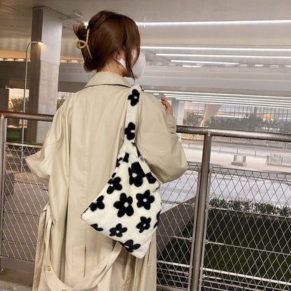 Shopping Bag Flower Print Plush Shoulder Large Handbags Underarm Bags 30*30*2 CM
