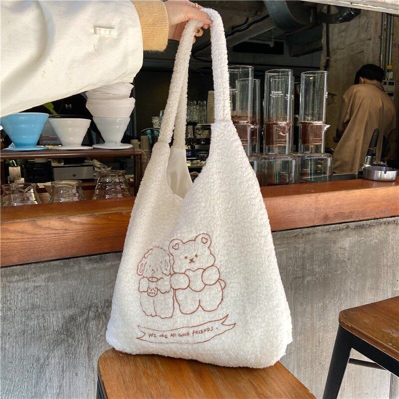 Women Soft Plush Tote Simple Warm Cloth Shopper Bags Handbag Shoulder Bag Purses