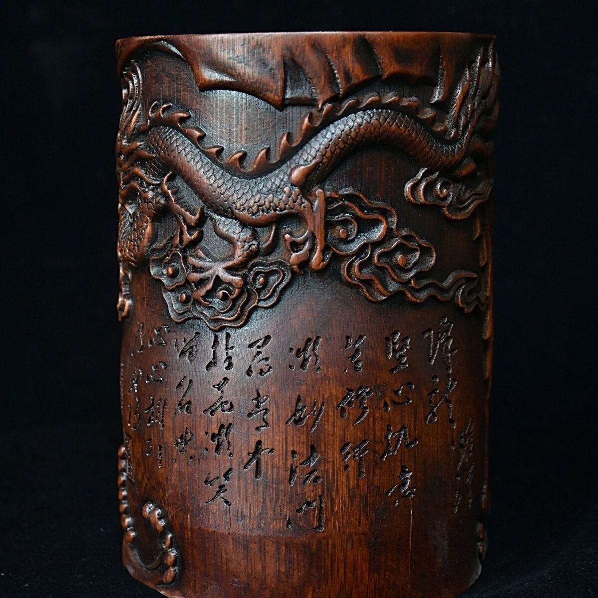 Chinese Wood Brush Pot Old Bamboo Carved Arhat Taming Dragon Pen Holder Collect