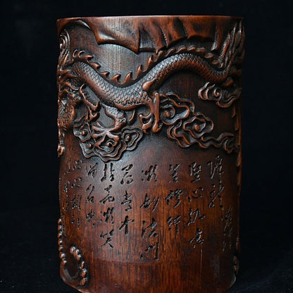 Chinese Wood Brush Pot Old Bamboo Carved Arhat Taming Dragon Pen Holder Collect