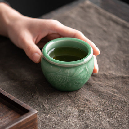 3.4oz China Longquan Celadon Porcelain Tea Cup Master Cup Ceramic Fish Carved
