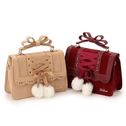 Cute Bow Shoulder Bag Red Handbag Polyester Leather Crossbody Purse 28*9*22.5 CM