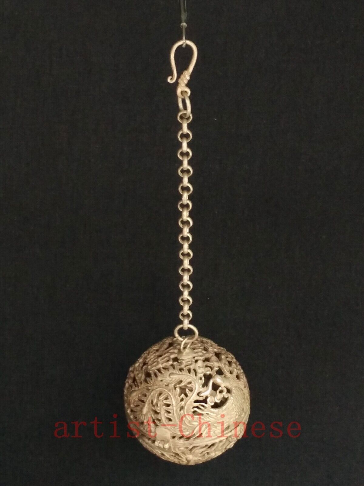 Collection Old China Tibet Silver Carving Dragon Phoenix Aromatherapy Decoration