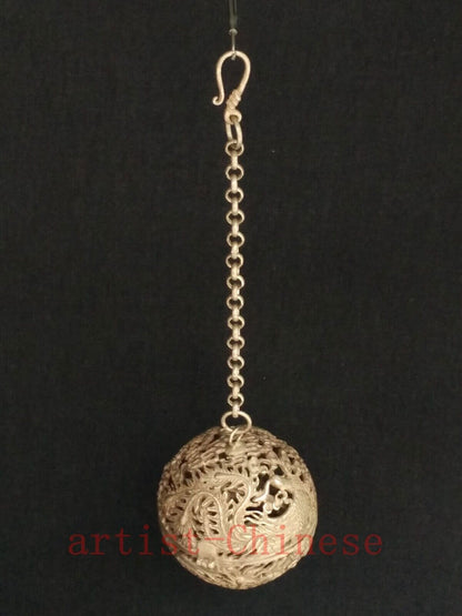 Collection Old China Tibet Silver Carving Dragon Phoenix Aromatherapy Decoration